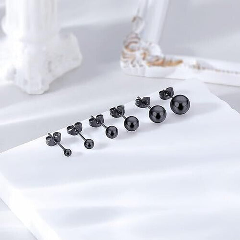 6Pairs 316L Surgical Steel Black Ball Round 3/4/5/6/7/8mm Men Women Stud Earring